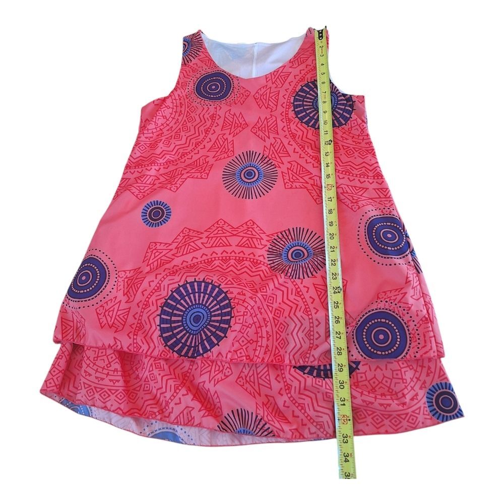 Two Layered Silky Lined Tank Dress Orange Bold Aztec Sphere Print M Pullover EUC - Picture 3 of 12